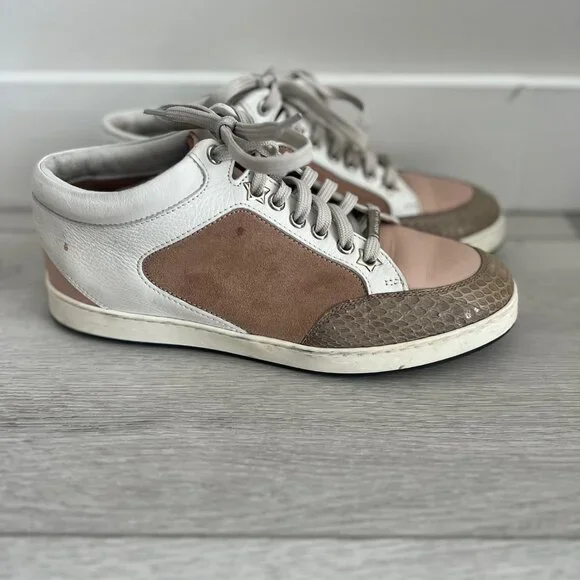 Jimmy Choo Tricolor Suede Leather Python Trim Miami Low Top Sneakers Size 36 5.5
